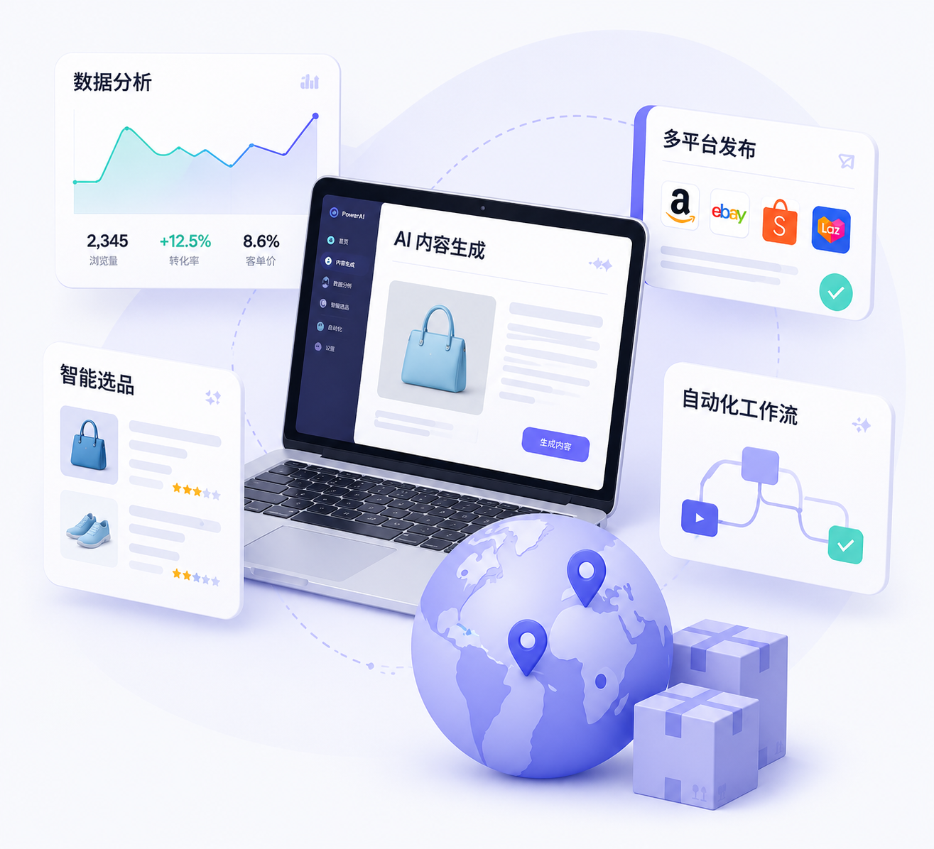 LinkTok AI commerce platform showing AI content, product selection, analytics, and marketplace publishing